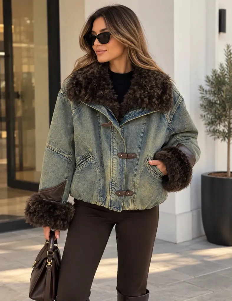 Kürk Detaylı Vintage Denim Ceket