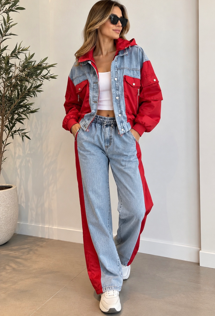 Denim & Kırmızı Detaylı İkili Takım (S)