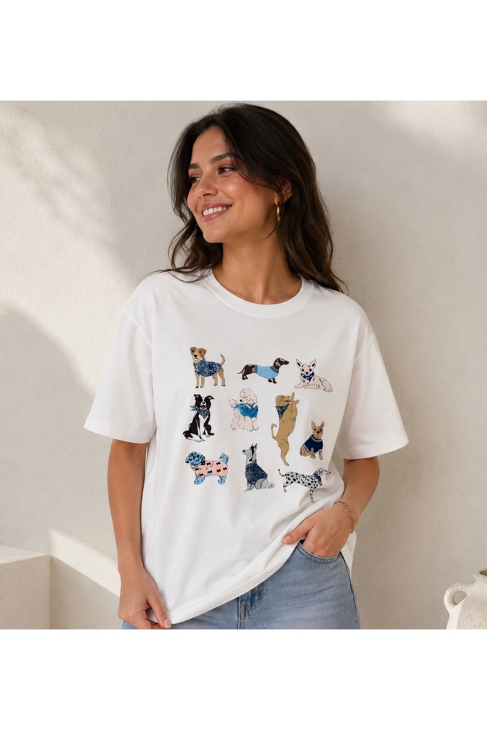 [KPK-FGRL-VRSZ-T-2] Köpek Figürlü Oversize T-shirt Ekru