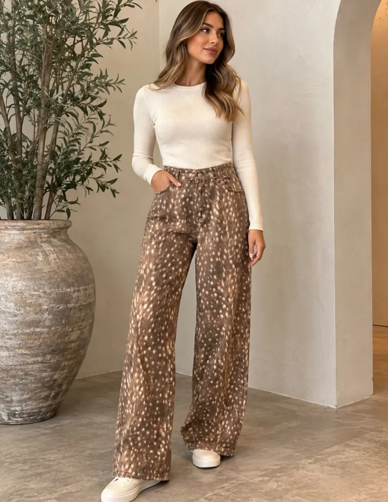 Bambi Desen Wide Leg Jean Pantolon
