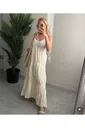Büzgü Detaylı Ekru Uzun Elbise