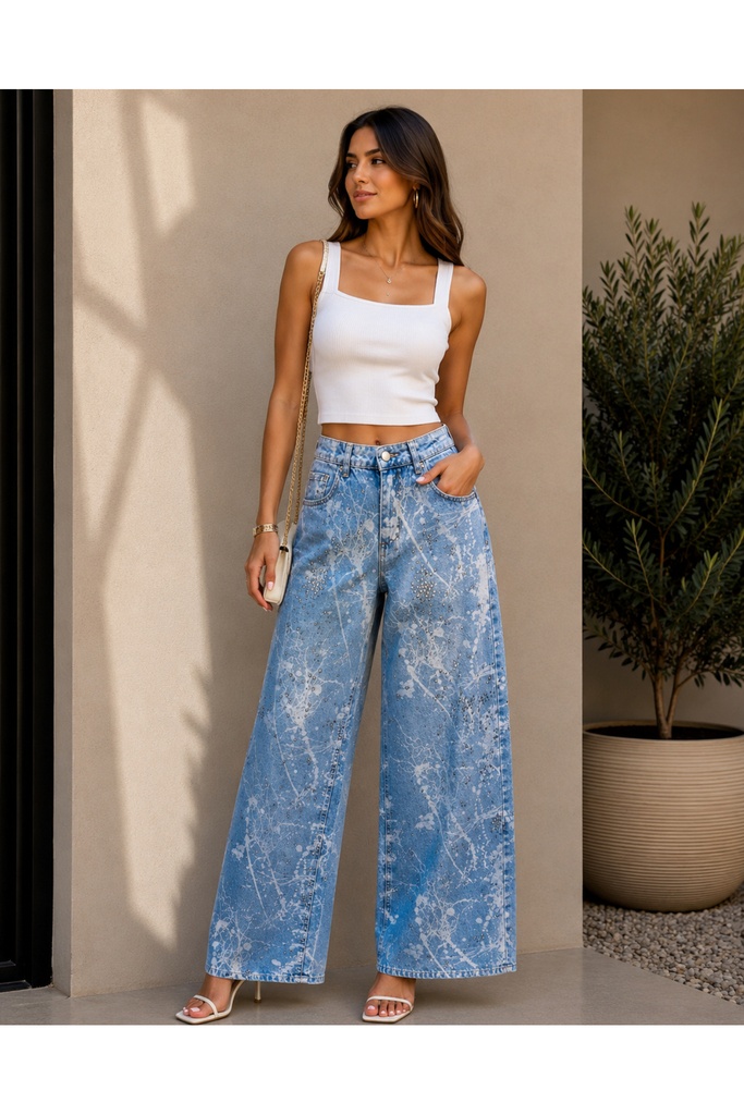 [TS-DTYL-DSNL-JN-18] Taş Detaylı Desenli Palazzo Jean